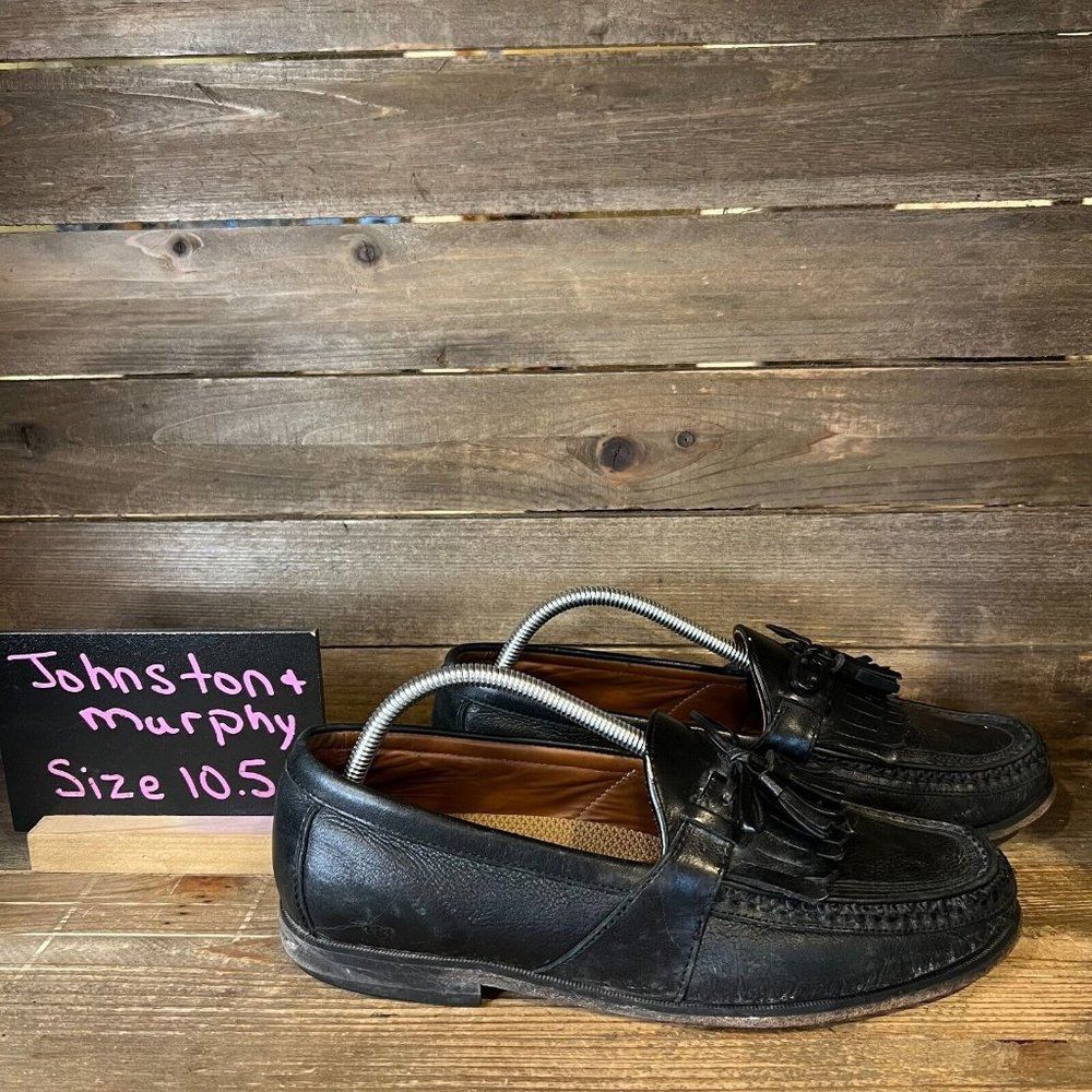 Mens Johnston And Murphy Black Leather Slip On Tassel Kilt Shoes Loafers 10.5 M